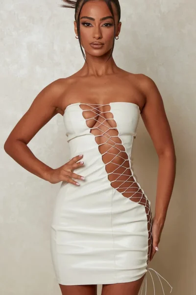 Hollow out PU leather sexy mini dress white strapless