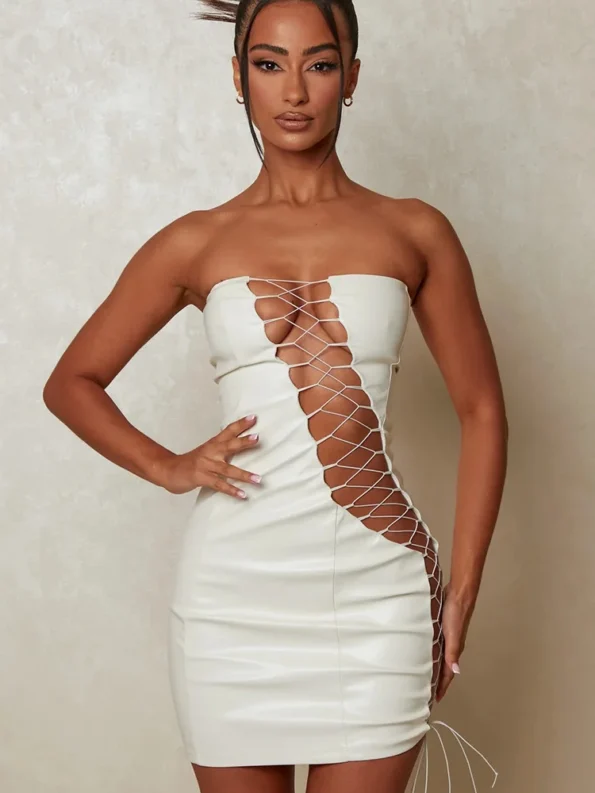 Hollow out PU leather sexy mini dress white strapless