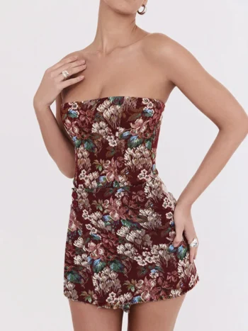 Off-shoulder backless print mini dress front view