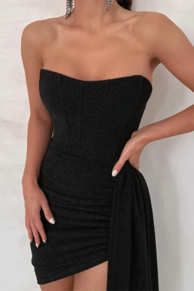 Black strapless ruched mini dress close-up
