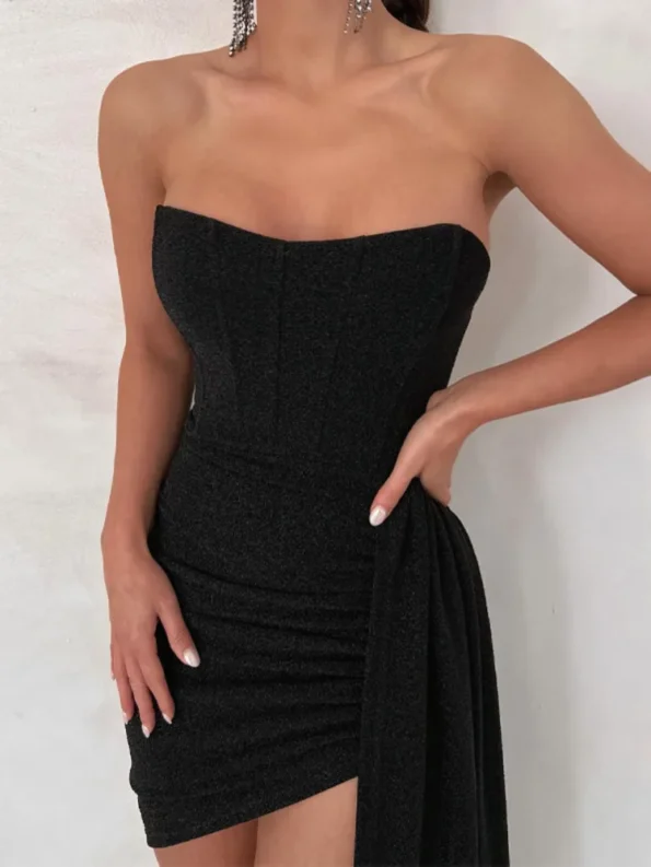 Black strapless ruched mini dress close-up