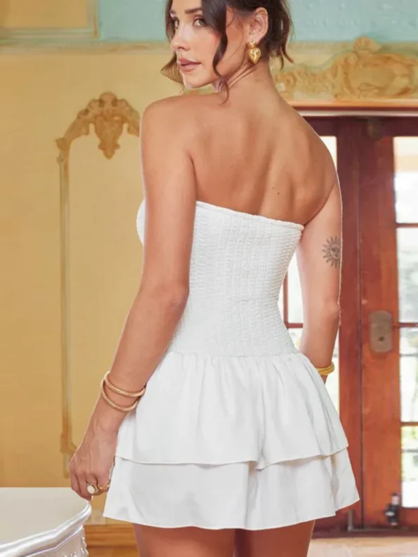 Strapless white A-line mini dress back view