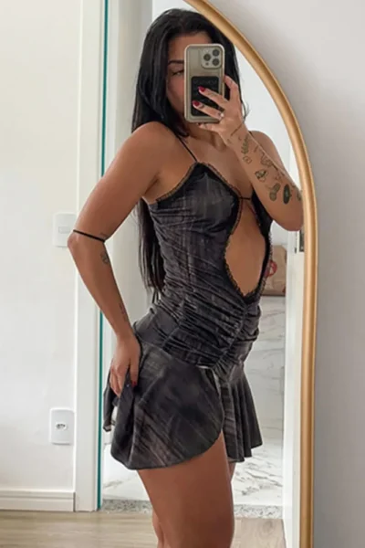 Black hollow out spaghetti strap mini dress mirror selfie