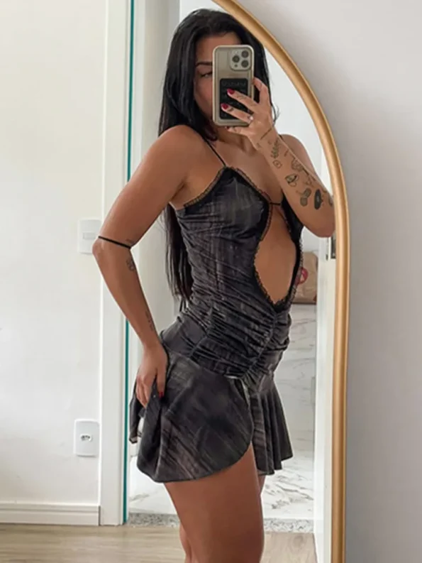 Black hollow out spaghetti strap mini dress mirror selfie