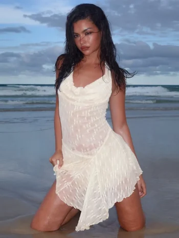 See through lace halter sexy mini dress black beach style