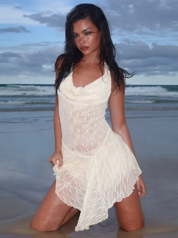 See through lace halter sexy mini dress black beach style