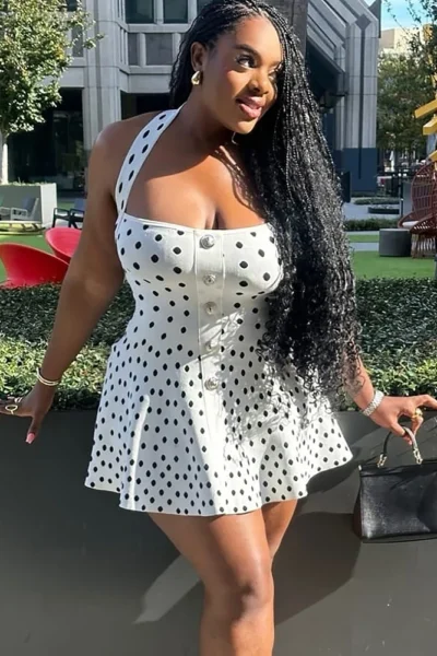 chic white halter neck dress with black polka dots A-line mini