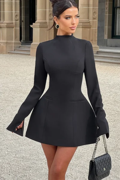 Elegant Backless Mini Dress with Long Sleeves – A-Line Fit