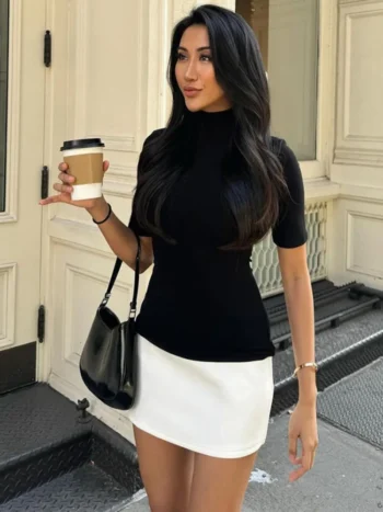 Slim half high collar patchwork mini dress front view