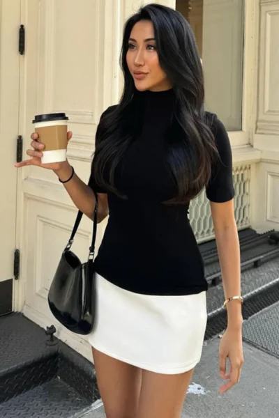 Slim half high collar patchwork mini dress front view