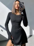Black ribbed long sleeve mini dress front view