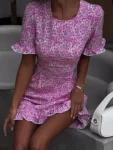 Pink floral ruffle sleeve A-line mini dress with high waist and ruffled hem