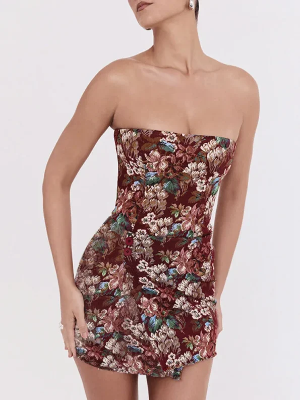 Burgundy off-shoulder backless print mini dress on mannequin