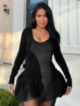 Olive green puffball mini dress.webp