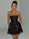 Elegant strapless sequin black mini party dress