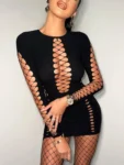 Black hollow out bodycon mini dress front view