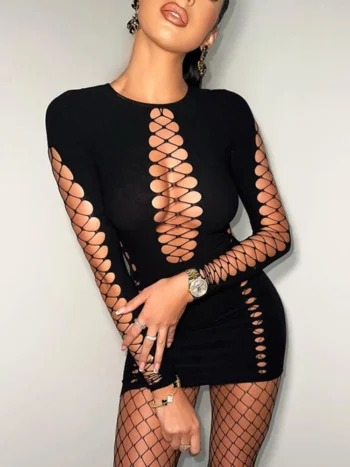 Black hollow out bodycon mini dress front view