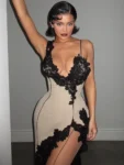 Mozision Lace High Split Sexy Midi Dress For Women Robe 2023 New Spaghetti Strap Sleeveless Deep V Neck Party Long Dress Vestido