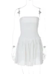 Elegant Off-Shoulder Strapless Mini Dress – White Sitting.webp