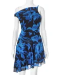 Front view of blue print ruffled mini dress.webp