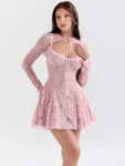 Mozision Lace Flare Long Sleeve Sexy Mini Dress For Women Robe Autumn New Pink O Neck A-line High Waist Pleated Dress Elegant
