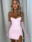 Light Pink Spaghetti Strap Mini Dress – Elegant Party Outfit with Sheer Gloves