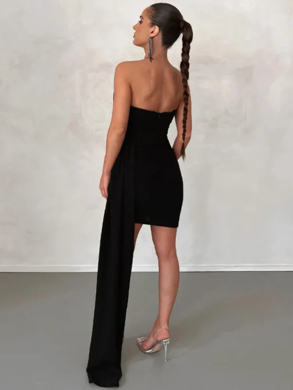 Back view black strapless ruched mini dress