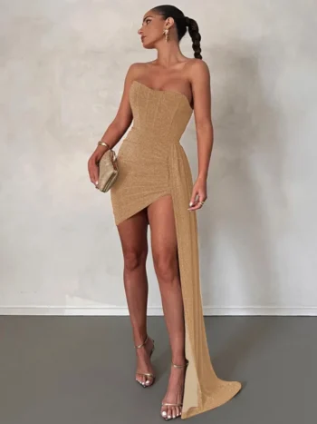 Front close-up gold strapless ruched mini dress