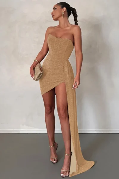 Front close-up gold strapless ruched mini dress