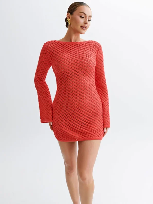 Red knit mini dress full body studio shot
