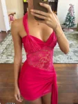 Lace Draped Ruched Halter Mini Dress Pink-1.webp