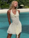 See through lace halter sexy mini dress in white on beach