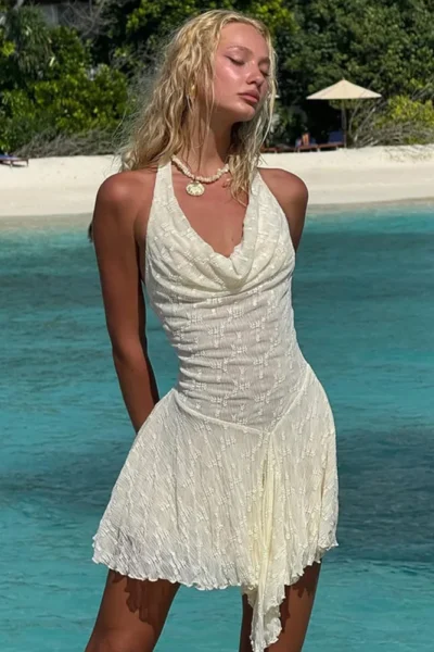 See through lace halter sexy mini dress in white on beach