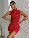 Blue PU leather bodycon mini dress.webp