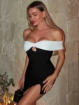 Off-shoulder black and white mini dress front view