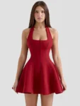 Mozision Halter Backless A-line Sexy Mini Dress For Women Robe Fashion Square Collar Sleeveless High Waist Pleated Dress Elegant