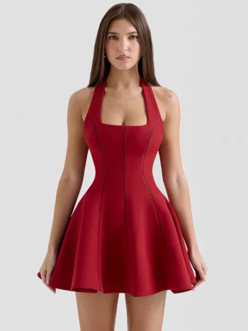Mozision Halter Backless A-line Sexy Mini Dress For Women Robe Fashion Square Collar Sleeveless High Waist Pleated Dress Elegant