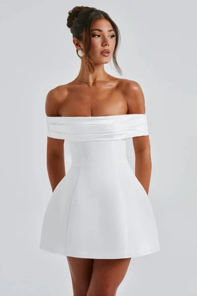 Off-shoulder backless A-line mini dress studio front view