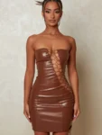 Hollow out PU leather sexy mini dress brown strapless