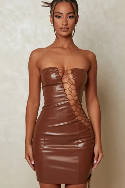 Hollow out PU leather sexy mini dress brown strapless