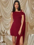 elegant wine red bodycon mini dress front view with ribbon