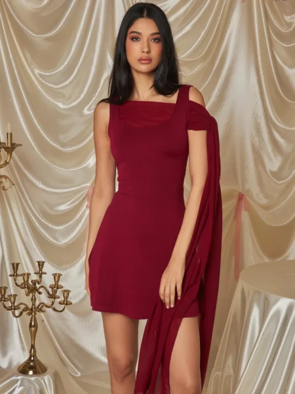 elegant wine red bodycon mini dress front view with ribbon