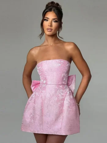 Mozision Backless Bow Sexy Mini Dress For Women Fashion Off-shoulder Strapless Sleeveless Bodycon Club Party Dress Elegant