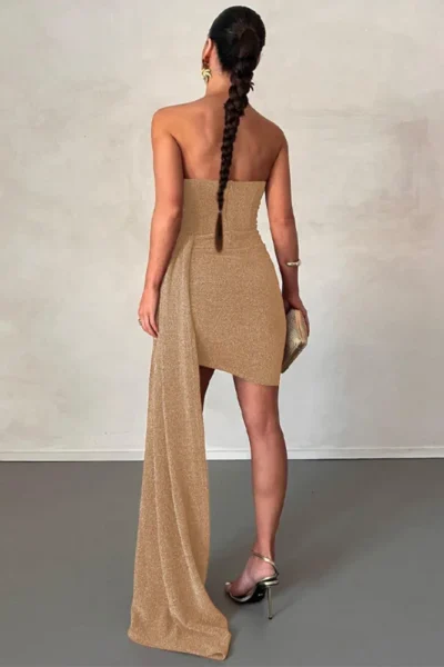 Back view gold strapless ruched mini dress
