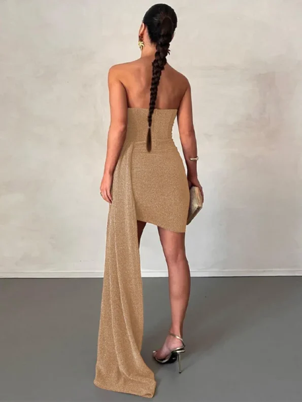Back view gold strapless ruched mini dress